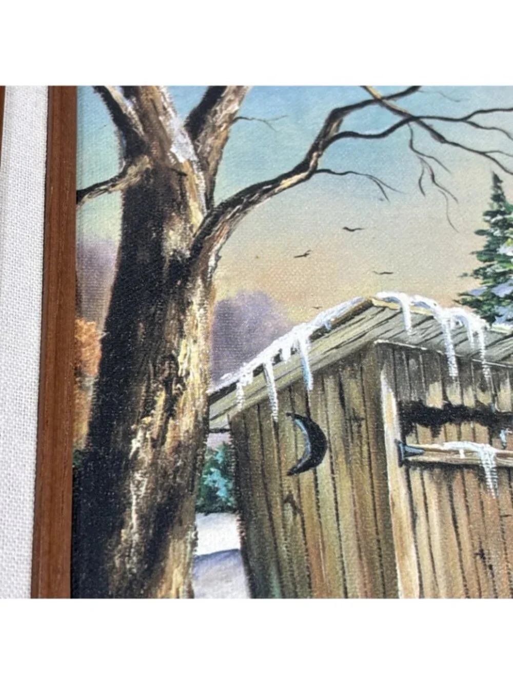 Framed Lithograph Painting Rustic Winter Scene Outhouse Farmhouse Cottagecore